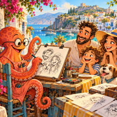 Ένας χταποδο-σκιτσογράφος — λεπτομερές cartoon με AI